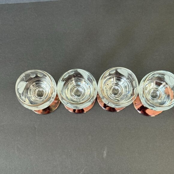 Vintage Gold Rim Etched Glass Cordial Goblets Set Of 4 With Iridescent Base - Picture 3 of 6